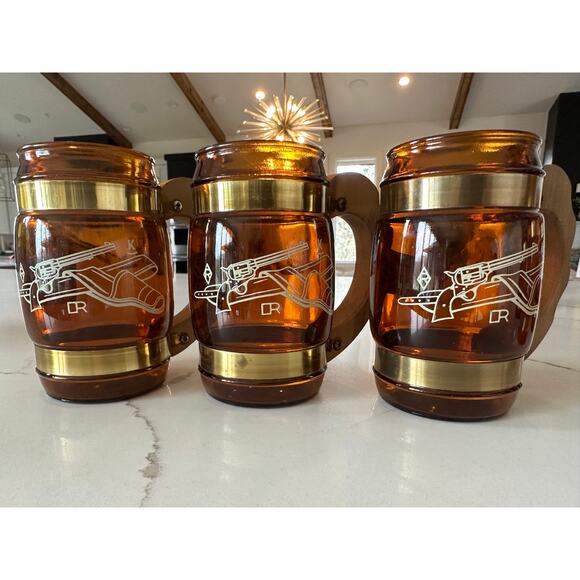 Vintage Siesta Ware Mugs | Western‎ Set of 6 | Amber Glass with Wood Handles - Picture 2 of 4